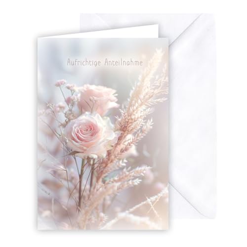 KE - Sanfte und Klassische Trauerkarte zur Aufrichtigen Anteilnahme | Beileidskarte | Traueranzeige | Ohne Innentext | Inklusive Umschlag | Motiv: Trockenblumen von KE