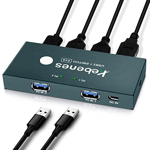USB Switch USB 3.0 Switcher 2 in 4 out USB Umschalter für 2 PC Teilen 4 USB für Tastatur, Maus, USB Sticks, Festplatten usw, mit 2 USB Kabeln,1 Micro USB Kabel, Plug and Play von KEBENES