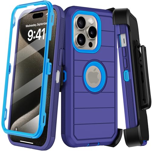 KECAI Schutzhülle für iPhone 15 Pro Max mit Gürtelclip-Holster und Ständer, integrierter Displayschutz, strapazierfähig, stoßfest, Fallschutz, Militärqualität, robust, langlebig, Ganzkörper-Handyhülle von KECAI