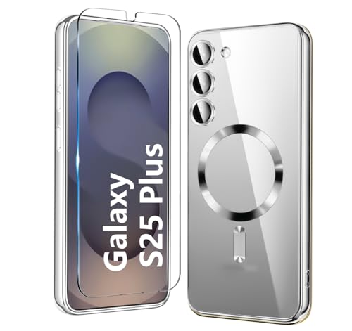 Magnetische Handyhülle für Samsung Galaxy S25 Plus Hülle,360 Grad Schutzhülle,Dünne TPU Silikon Case mit MagSafe [HD Panzerglas Schutzfolie+Kameraschutz] Stoßfest Samsung S 25 Plus Hülle-Silber von KECAOREN