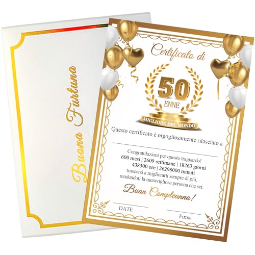 KEELYY Idea Regalo Compleanno 50 Anni - Certificato miglior 50 ENNE del mondo - Biglietto Auguri Compleanno 50 anni uomo donna von KEELYY
