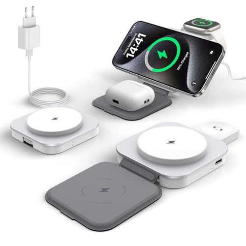 KEEPRO für MagSafe Ladegerät, 3 in 1 Ladestation für Apple Watch Und iPhone, Faltbar Kabelloses Wireless Charger Ständer für iPhone 15/14/13/12, AirPods Pro/3/2 & Apple Watch mit Adapter-Weiß von KEEPRO