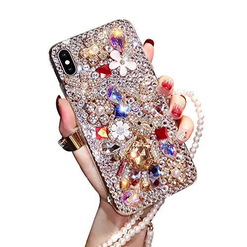 KEEPXYZ iPhone XS/X Case,Shinetop Luxury 3D Diamond Bling Glitter Sparkle Crystal Rhinestone Cover Fashion Bear Flower Design Soft TPU Silicone Protective Case for iPhone XS with Pearl Lanyard-Clear von KEEPXYZ