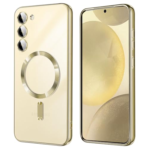 KEKBOXQ 2 in 1 Magnetisch Hülle für Samsung Galaxy S24 Plus 5G mit Kameraschutz, [Nie Vergilbung] Samsung S 24 Plus Dünn Transparent Handyhülle Kompatibel mit MagSafe Matt Clear Case,Titan Gold von KEKBOXQ