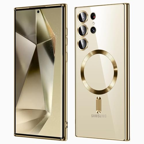 KEKBOXQ 2 in 1 Magnetisch Hülle für Samsung Galaxy S24 Ultra 5G mit Kameraschutz, [Nie Vergilbung] Samsung S 24 Ultra Dünn Transparent Handyhülle Kompatibel mit MagSafe Matt Clear Case, Titan Gold von KEKBOXQ