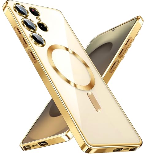 KEKBOXQ 2 in 1 Magnetisch Hülle für Samsung Galaxy S25 Ultra 5G mit Kameraschutz, [Nie Vergilbung] Samsung S 25 Ultra Dünn Transparent Handyhülle Kompatibel mit MagSafe Matt Clear Case, Titan Gold von KEKBOXQ