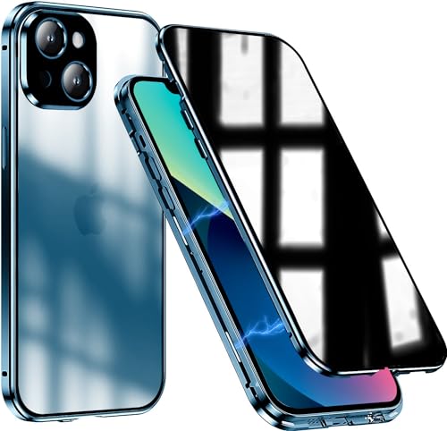 KEKBOXQ Schutzhülle für iPhone 13 Mini, aus gehärtetem Glas, doppelseitig, magnetisch, Anti-Spionage-Bildschirm, Vorder- und Rückseite, Metallstoßstange, 360-Grad-Schutz, Handyhülle für 13 Mini, Blau von KEKBOXQ