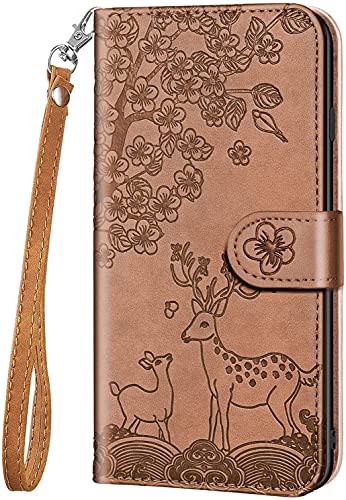 KELISI Handyhülle für Samsung Galaxy A41(6.1 Zoll),Blumen Hirsche Muster PU Leder Klapphülle Hülle,Brieftasche Handytasche,Etui Schutz mit [Kartenfäche][Stand Funktion],Braun von KELISI