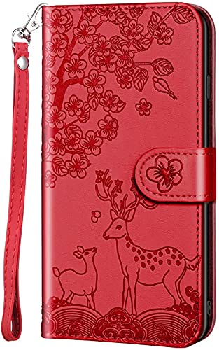 KELISI Handyhülle für Samsung Galaxy S8+/S8 Plus(6.2 Zoll),Blumen Hirsche Muster PU Leder Klapphülle Hülle,Brieftasche Handytasche,Etui Schutz mit [Kartenfäche][Stand Funktion],Rot von KELISI