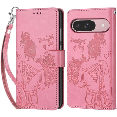 Handyhülle für Google Pixel 9/9 Pro Hülle, Google Pixel 9 Pro Hülle, Premium Leder Flip Klappbare Stoßfeste Magnetische [Standfunktion] [Kartenfächern] Schutzhülle Tasche - Rosa Mädchen von KENHONER