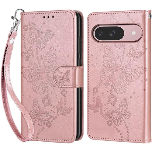 Handyhülle für Google Pixel 9/9 Pro Hülle, Google Pixel 9 Pro Hülle, Premium Leder Flip Klappbare Stoßfeste Magnetische [Standfunktion] [Kartenfächern] Schutzhülle Tasche - Roségold Schmetterling von KENHONER