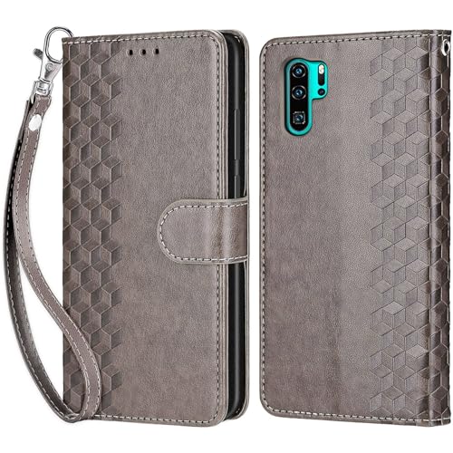 Handyhülle für Huawei P30 Pro Hülle, Huawei P30 Pro Hülle, Premium Leder Flip Klappbare Stoßfeste Magnetische [Standfunktion] [Kartenfächern] Schutzhülle Tasche - Grau von KENHONER