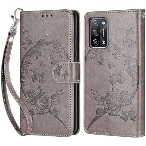 Handyhülle für Oppo A16s/A16 4G/A53S 5G/A54S Hülle, Premium Leder Flip Klappbare Stoßfeste Magnetische [Standfunktion] [Kartenfächern] Schutzhülle Tasche - Grau Schmetterling von KENHONER