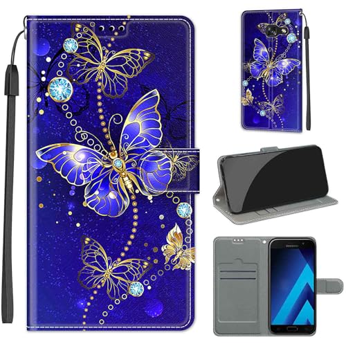 Handyhülle für Samsung Galaxy A5 2017 Hülle, Samsung A5 2017 Hülle, Premium Leder Flip Klappbare Stoßfeste Magnetische [Standfunktion] [Kartenfächern] Schutzhülle Tasche - Schmetterling von KENHONER