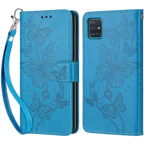 Handyhülle für Samsung Galaxy A51 Hülle, Samsung A51 Hülle, Premium Leder Flip Klappbare Stoßfeste Magnetische [Standfunktion] [Kartenfächern] Schutzhülle Tasche - Blau Schmetterling von KENHONER