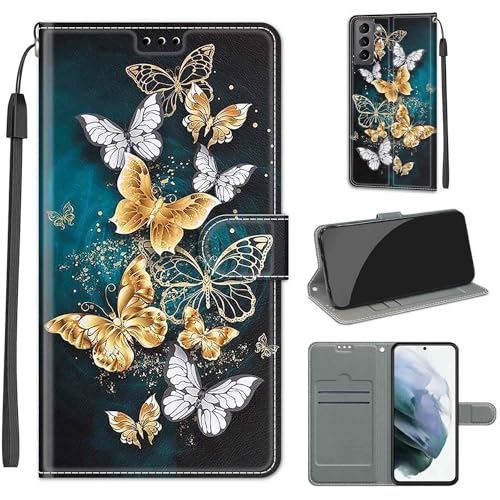 Handyhülle für Samsung Galaxy S22 Hülle, Samsung S22 Hülle, Premium Leder Flip Klappbare Stoßfeste Magnetische [Standfunktion] [Kartenfächern] Schutzhülle Tasche - Schmetterling von KENHONER
