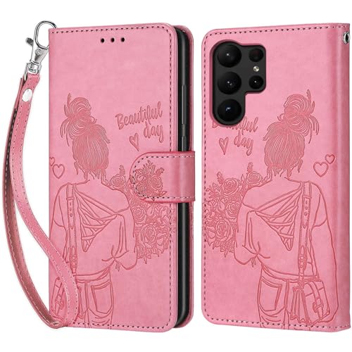 Handyhülle für Samsung Galaxy S23 Ultra Hülle, Samsung S23 Ultra Hülle, Premium Leder Flip Klappbare Stoßfeste Magnetische [Standfunktion] [Kartenfächern] Schutzhülle Tasche - Rosa Mädchen von KENHONER