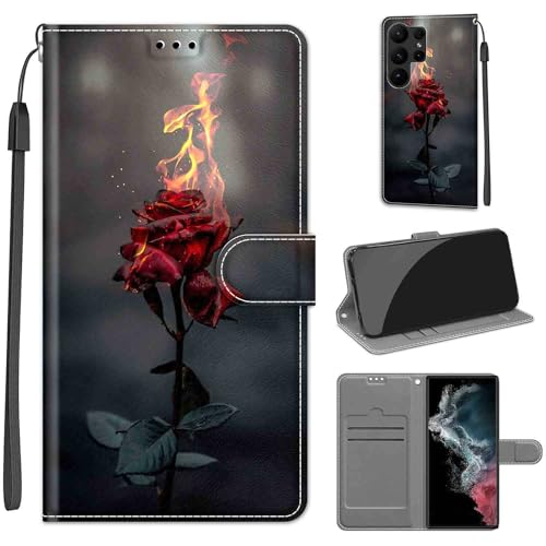 Handyhülle für Samsung Galaxy S23 Ultra Hülle, Samsung S23 Ultra Hülle, Premium Leder Flip Klappbare Stoßfeste Magnetische [Standfunktion] [Kartenfächern] Schutzhülle Tasche - Rosen von KENHONER