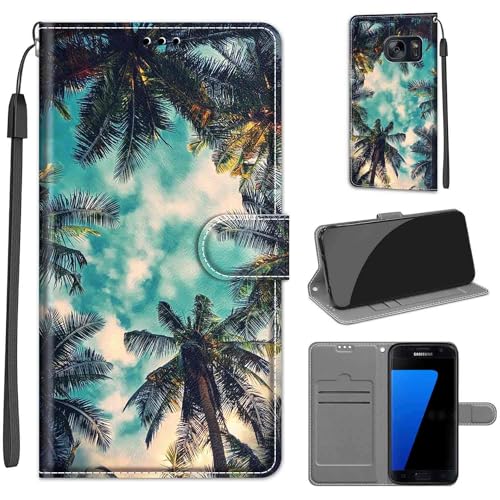 Handyhülle für Samsung Galaxy S7 Hülle, Samsung S7 Hülle, Premium Leder Flip Klappbare Stoßfeste Magnetische [Standfunktion] [Kartenfächern] Schutzhülle Tasche - Kokosnussbaum von KENHONER