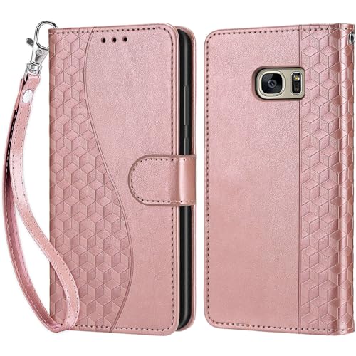 Handyhülle für Samsung Galaxy S7 Hülle, Samsung S7 Hülle, Premium Leder Flip Klappbare Stoßfeste Magnetische [Standfunktion] [Kartenfächern] Schutzhülle Tasche - Roségold von KENHONER