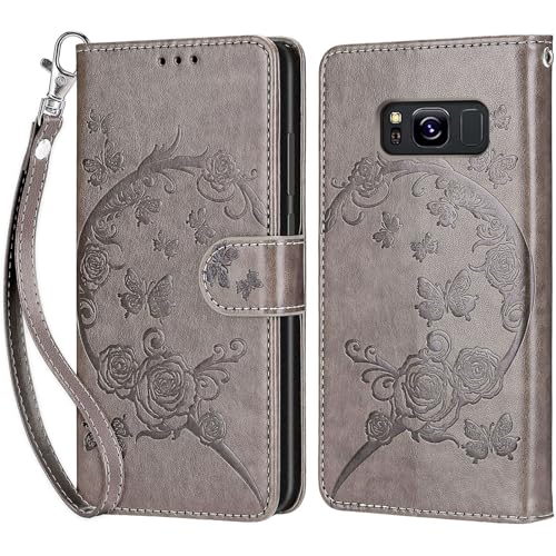 Handyhülle für Samsung Galaxy S8 Hülle, Premium Leder Flip Klappbare Stoßfeste Magnetische [Standfunktion] [Kartenfächern] Schutzhülle Tasche - Grau Schmetterling von KENHONER