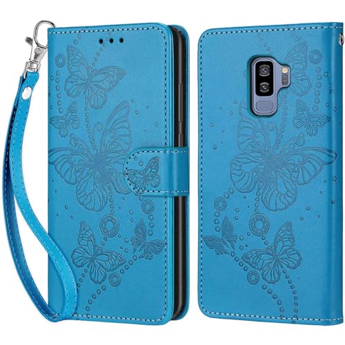 Handyhülle für Samsung Galaxy S9 Plus Hülle, Samsung S9 Plus Hülle, Premium Leder Flip Klappbare Stoßfeste Magnetische [Standfunktion] [Kartenfächern] Schutzhülle Tasche - Blau Schmetterling von KENHONER