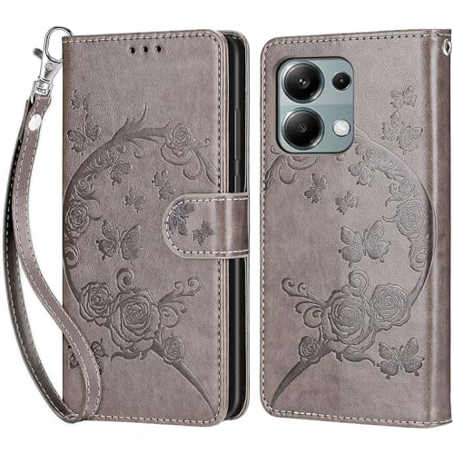 Handyhülle für Xiaomi Redmi Note 13 Pro 4G (Nicht für 5G), Xiaomi Poco M6 Pro 4G Hülle, PU Leder Flip Klappbare Magnetische [Standfunktion] [Kartenfächern] Schutzhülle Tasche - Grau Schmetterling von KENHONER