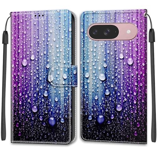 KENHONER Handyhülle für Google Pixel 9 Pro Hülle, Pixel 9 Hülle, Premium Leder Flip Klappbare Stoßfeste Magnetische [Standfunktion] [Kartenfächern] Schutzhülle Tasche - Wassertropfen von KENHONER