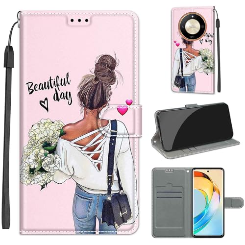 KENHONER Handyhülle für Honor X50 5G Hülle, Honor Magic 6 lite / X9B 5G Hülle, Premium Leder Flip Klappbare Stoßfeste Magnetische [Standfunktion] [Kartenfächern] Schutzhülle Tasche - Mädchen von KENHONER