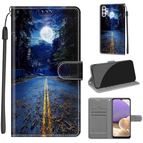 KENHONER Handyhülle für Samsung Galaxy A32 5G Hülle, Samsung A32 5G Hülle, Premium Leder Flip Klappbare Stoßfeste Magnetische [Standfunktion] [Kartenfächern] Schutzhülle Tasche - Mond von KENHONER