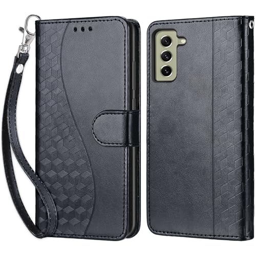 KENHONER Handyhülle für Samsung Galaxy S21 FE 5G Hülle, Premium Leder Flip Klappbare Stoßfeste Magnetische [Standfunktion] [Kartenfächern] Schutzhülle Tasche - Schwarz 3D von KENHONER