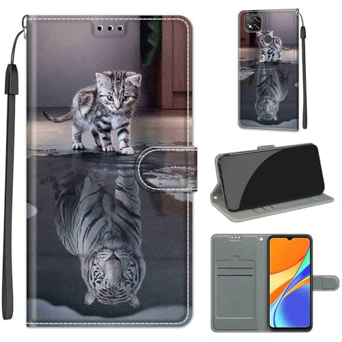 KENHONER Handyhülle für Xiaomi Redmi 9C NFC Hülle, Xiaomi Redmi 10A Hülle, Premium Leder Flip Klappbare Stoßfeste Magnetische [Standfunktion] [Kartenfächern] Schutzhülle Tasche - Katze und Tiger von KENHONER