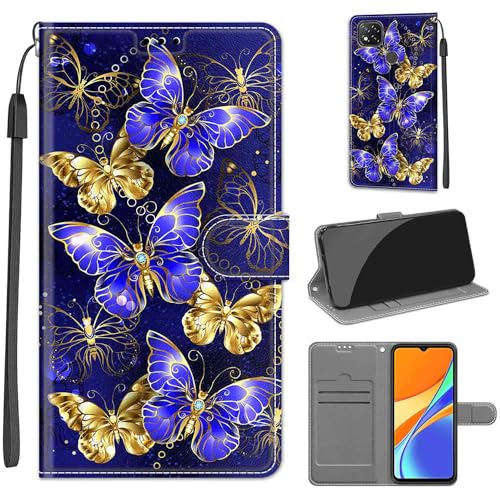 KENHONER Handyhülle für Xiaomi Redmi 9C NFC Hülle, Xiaomi Redmi 10A Hülle, Premium Leder Flip Klappbare Stoßfeste Magnetische [Standfunktion] [Kartenfächern] Schutzhülle Tasche - Schmetterling von KENHONER