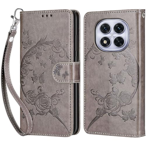 KENHONER Handyhülle für Xiaomi Redmi Note 14 Pro/ 14 Pro Plus Hülle, Premium Leder Flip Klappbare Stoßfeste Magnetische [Standfunktion] [Kartenfächern] Schutzhülle Tasche - Grau Schmetterling von KENHONER