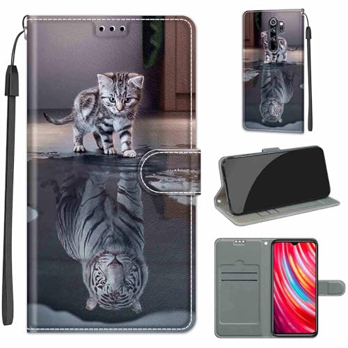 KENHONER Handyhülle für Xiaomi Redmi Note 8 Pro Hülle, Redmi Note 8 Pro Hülle, Premium Leder Flip Klappbare Stoßfeste Magnetische [Standfunktion] [Kartenfächern] Schutzhülle Tasche - Katze und Tiger von KENHONER