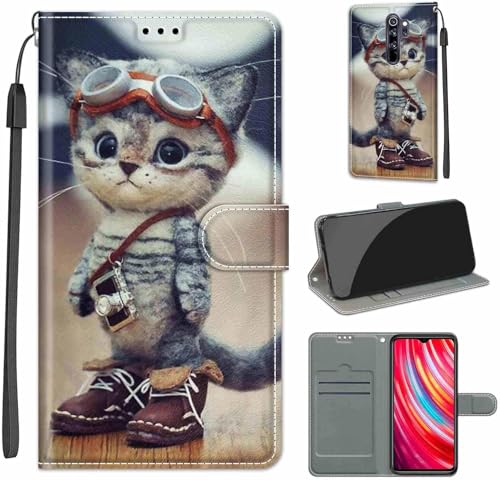 KENHONER Handyhülle für Xiaomi Redmi Note 8 Pro Hülle, Redmi Note 8 Pro Hülle, Premium Leder Flip Klappbare Stoßfeste Magnetische [Standfunktion] [Kartenfächern] Schutzhülle Tasche -Katze von KENHONER