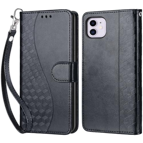 KENHONER Handyhülle für iPhone 11 Hülle, iPhone 11 Hülle, Premium Leder Flip Klappbare Stoßfeste Magnetische [Standfunktion] [Kartenfächern] Schutzhülle Tasche - 3D Schwarz von KENHONER