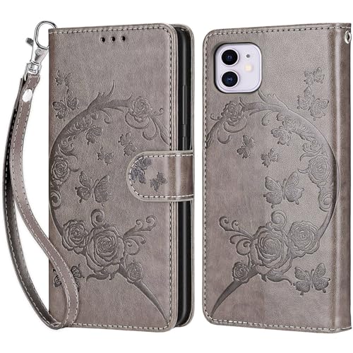 KENHONER Handyhülle für iPhone 11 Hülle, iPhone 11 Hülle, Premium Leder Flip Klappbare Stoßfeste Magnetische [Standfunktion] [Kartenfächern] Schutzhülle Tasche - Grau Blumen von KENHONER