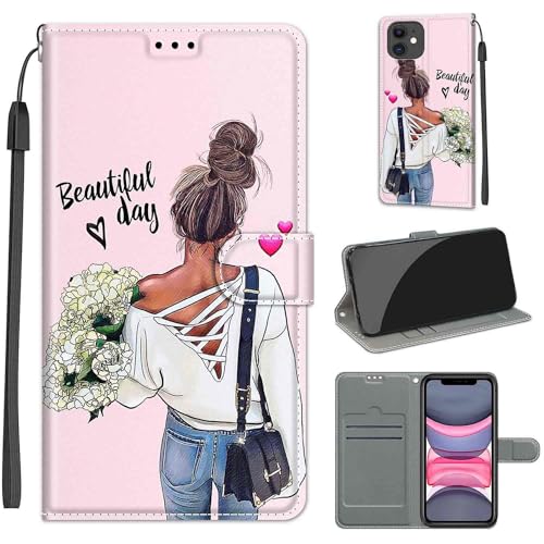 KENHONER Handyhülle für iPhone 11 Hülle, iPhone 11 Hülle, Premium Leder Flip Klappbare Stoßfeste Magnetische [Standfunktion] [Kartenfächern] Schutzhülle Tasche - Mädchen von KENHONER