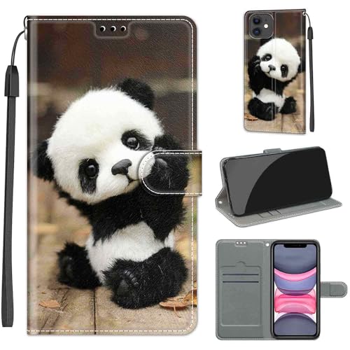 KENHONER Handyhülle für iPhone 11 Hülle, iPhone 11 Hülle, Premium Leder Flip Klappbare Stoßfeste Magnetische [Standfunktion] [Kartenfächern] Schutzhülle Tasche - Panda von KENHONER
