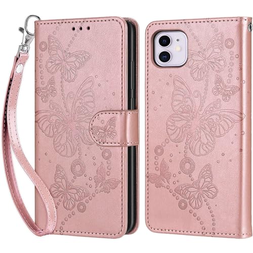 KENHONER Handyhülle für iPhone 11 Hülle, iPhone 11 Hülle, Premium Leder Flip Klappbare Stoßfeste Magnetische [Standfunktion] [Kartenfächern] Schutzhülle Tasche - Roségold Schmetterling von KENHONER