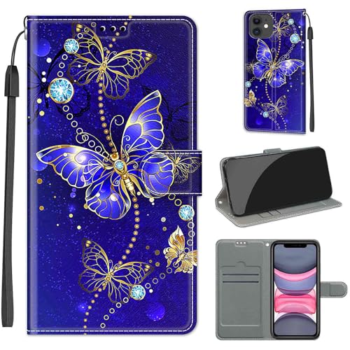 KENHONER Handyhülle für iPhone 11 Hülle, iPhone 11 Hülle, Premium Leder Flip Klappbare Stoßfeste Magnetische [Standfunktion] [Kartenfächern] Schutzhülle Tasche - Schmetterling von KENHONER