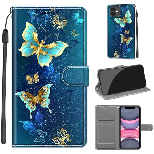 KENHONER Handyhülle für iPhone 11 Hülle, iPhone 11 Hülle, Premium Leder Flip Klappbare Stoßfeste Magnetische [Standfunktion] [Kartenfächern] Schutzhülle Tasche - Schmetterling von KENHONER