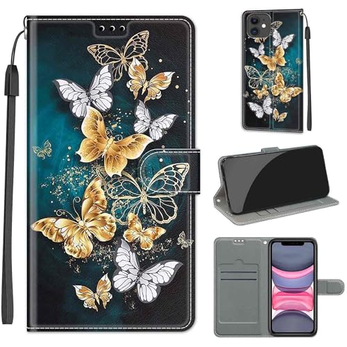 KENHONER Handyhülle für iPhone 11 Hülle, iPhone 11 Hülle, Premium Leder Flip Klappbare Stoßfeste Magnetische [Standfunktion] [Kartenfächern] Schutzhülle Tasche - Schmetterling von KENHONER