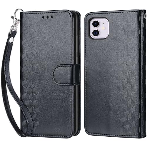 KENHONER Handyhülle für iPhone 11 Hülle, iPhone 11 Hülle, Premium Leder Flip Klappbare Stoßfeste Magnetische [Standfunktion] [Kartenfächern] Schutzhülle Tasche - Schwarz von KENHONER