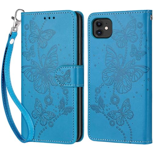 KENHONER iPhone 12 / iPhone 12 Pro Hülle, Premium Leder Flip Klappbare Stoßfeste Magnetische [Standfunktion] [Kartenfächer] Schutzhülle Tasche - Blau Schmetterling von KENHONER