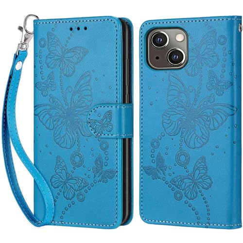 KENHONER Handyhülle für iPhone 13 / iPhone 14 Hülle, iPhone 14 Hülle, Premium Leder Flip Klappbare Stoßfeste Magnetische [Standfunktion] [Kartenfächern] Schutzhülle Tasche - Blau Schmetterling von KENHONER