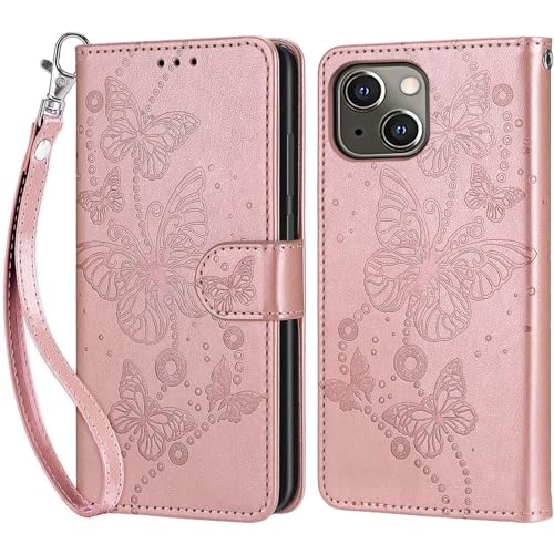 KENHONER iPhone 13 / iPhone 14 Hülle, Premium Leder Flip Klappbare Stoßfeste Magnetische [Standfunktion] [Kartenfächer] Schutzhülle Tasche - Roségold Schmetterling von KENHONER