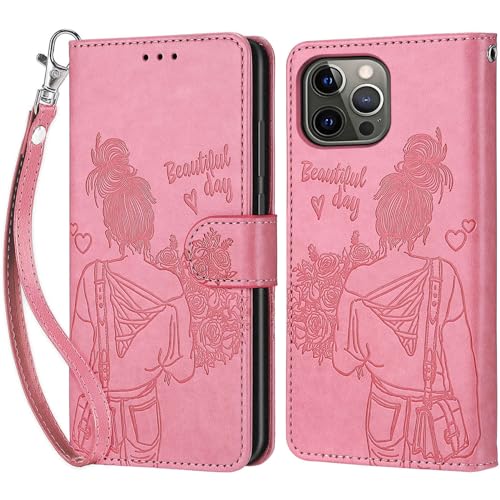 KENHONER Handyhülle für iPhone 13 Pro Hülle, iPhone 13 Pro Hülle, Premium Leder Flip Klappbare Stoßfeste Magnetische [Standfunktion] [Kartenfächern] Schutzhülle Tasche - Rosa Mädchen von KENHONER