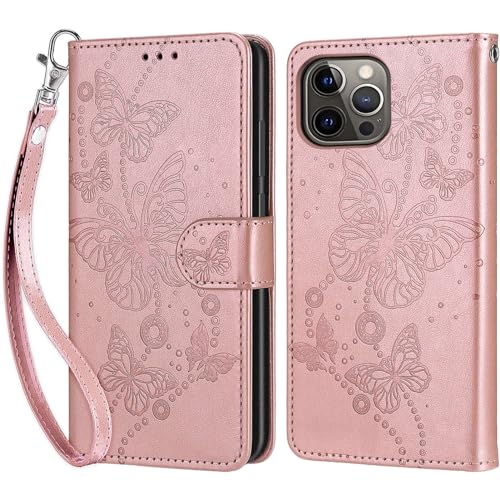Handyhülle für iPhone 13 Pro Hülle, iPhone 13 Pro Hülle, Premium Leder Flip Klappbare Stoßfeste Magnetische [Standfunktion] [Kartenfächern] Schutzhülle Tasche - Roségold Schmetterling von KENHONER